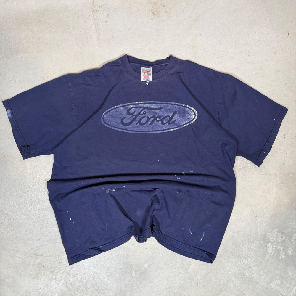 Vintage 90s Jerzees Ford Logo T-Shirt Navy Blue XL Distressed Paint Splatter